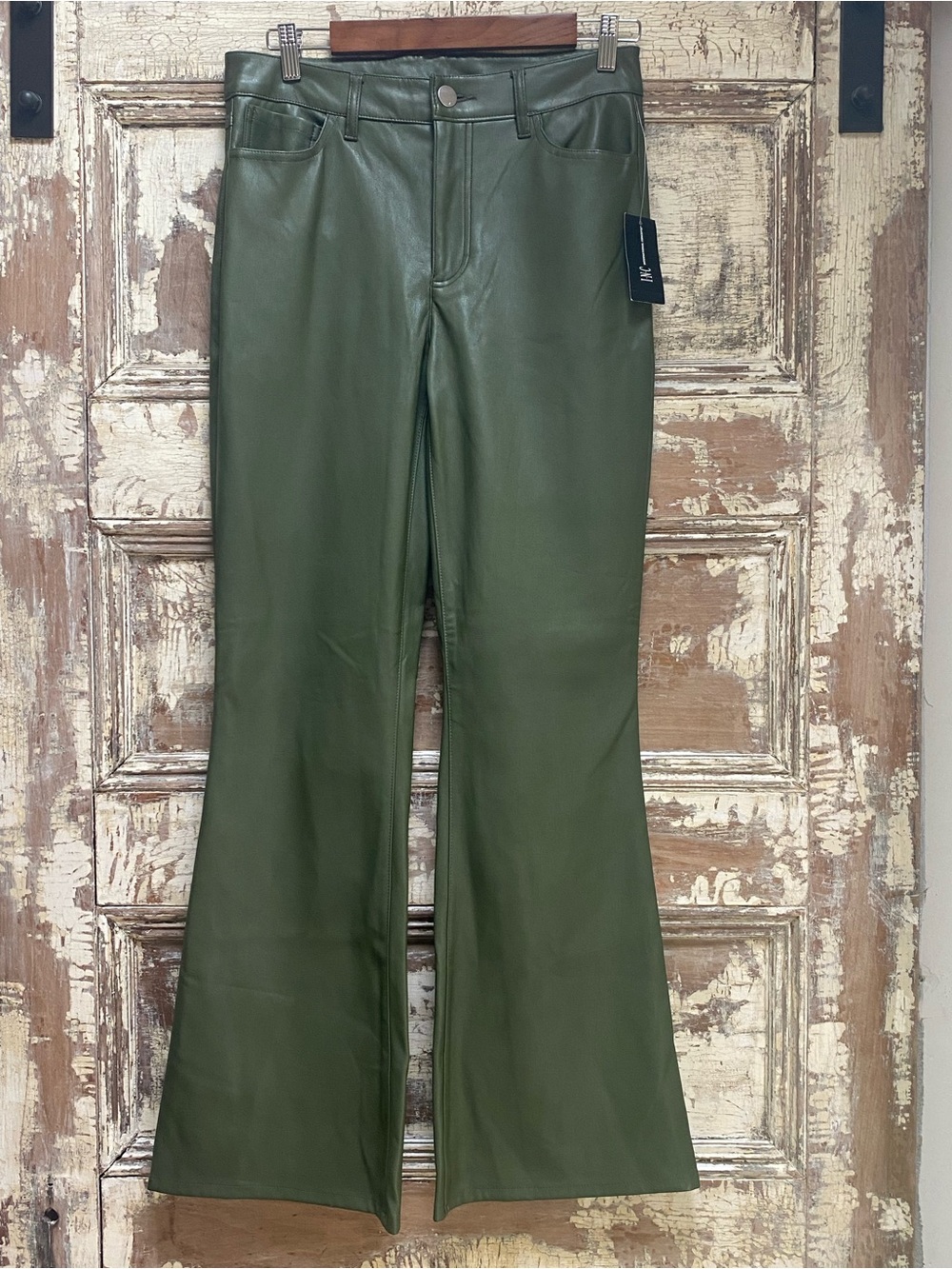 Y2K Olive Green Faux Leather Flared Pants, Size 8